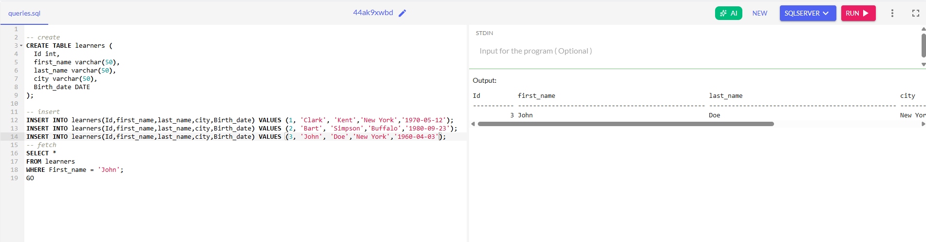 SQL query output showing learners table with John Doe result